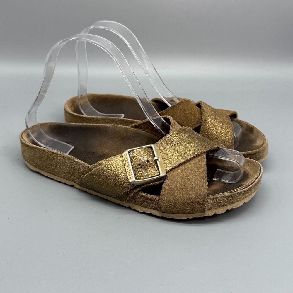 Birkenstock Siena Women's 6 Brown Gold Suede Two-Strap Sandals Buckle Slip-On
